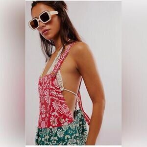 Free People Palm Bay Printed Red and Green Relaxed Romper - Size - Small